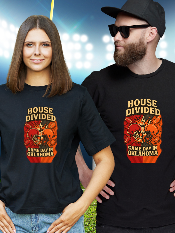 Oklahoma Football House Divided T Shirt - Cowboys and Sooners! It's a Family Rivalry