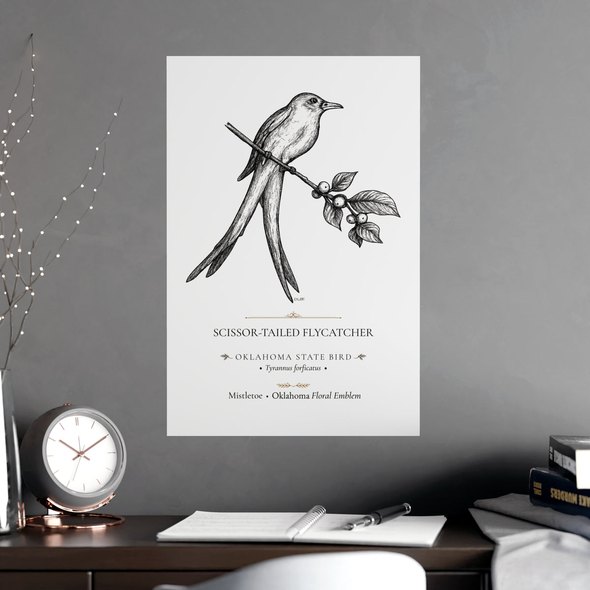 Scissor-Tailed Flycatcher Art Print, Oklahoma State Bird, Vintage Nature Wall Art