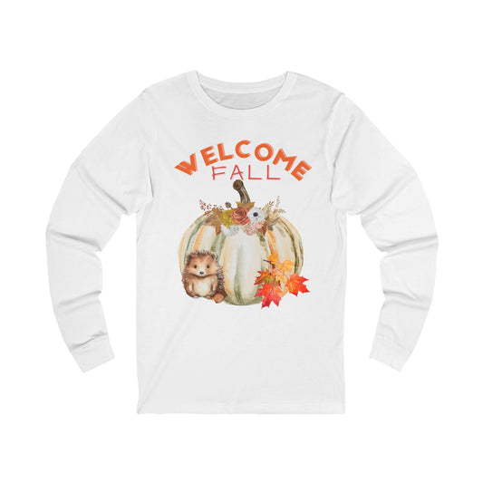 Fall Welcome Long Sleeve Tee, Cozy Autumn Apparel, Seasonal Shirt, Thanksgiving Gift, Pumpkin Decor Tee, Cute Hedgehog Design