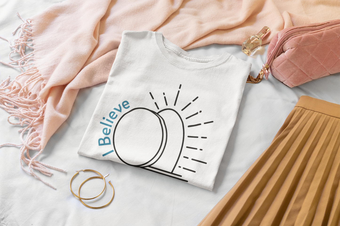 He HAS RISEN!  T-Shirt.  The Easter message in one simple graphic.  Two colors white and Coral Silk