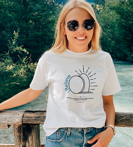 He HAS RISEN!  T-Shirt.  The Easter message in one simple graphic.  Two colors white and Coral Silk