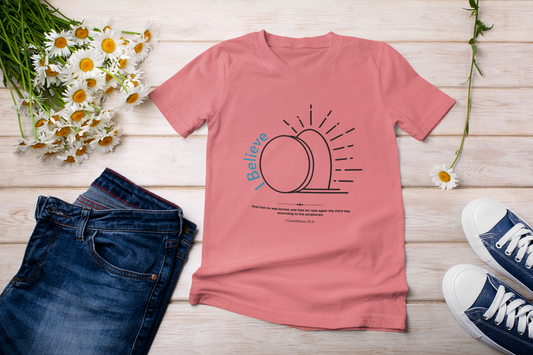 He HAS RISEN!  T-Shirt.  The Easter message in one simple graphic.  Two colors white and Coral Silk